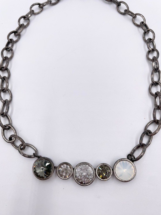 Pewter Tone Chain Link Crystal Statement Necklace Flower Leaf Adjustable Clasp