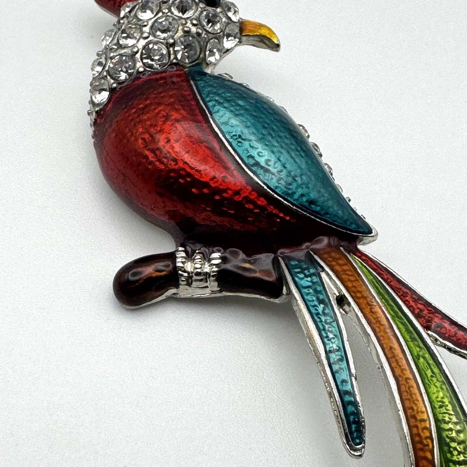 Silvertone Multicolor Enameled Rhinestone Parrot Bird Metal Brooch Pin