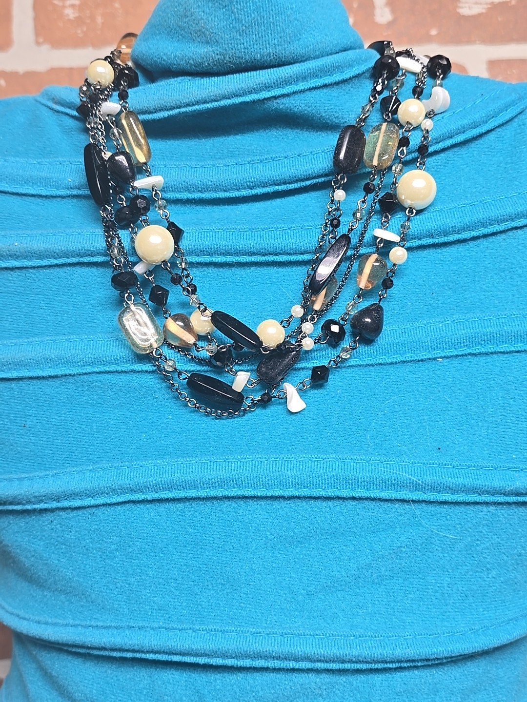 Lia Sophia Multi Strand Necklace Black White Neutral Glass Beads Faux Pearls