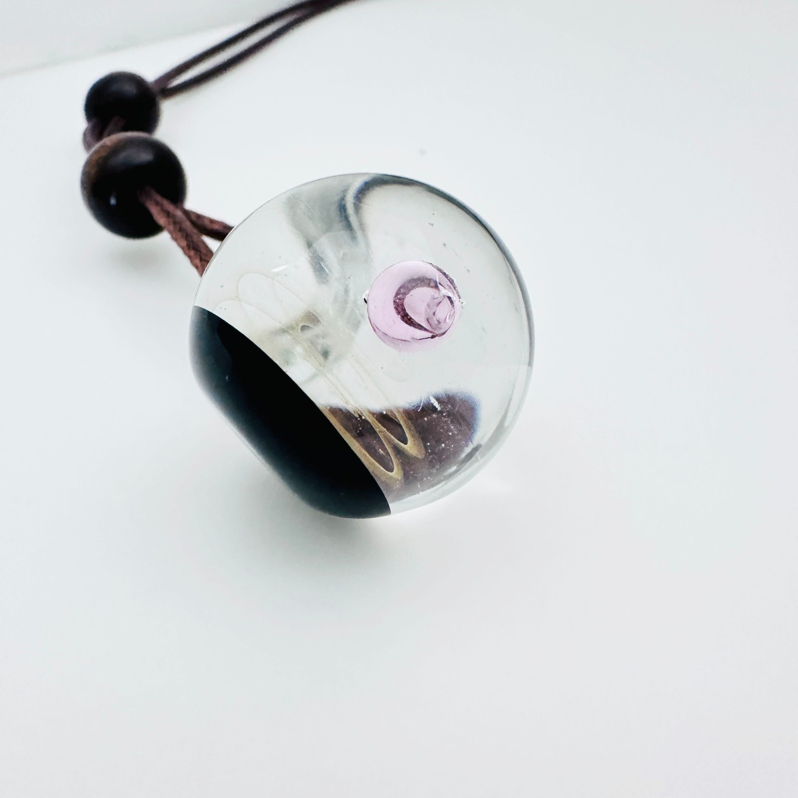 Galaxy Cosmic Sphere Glass Lampwork Pendant w/Long Brown Cord Necklace