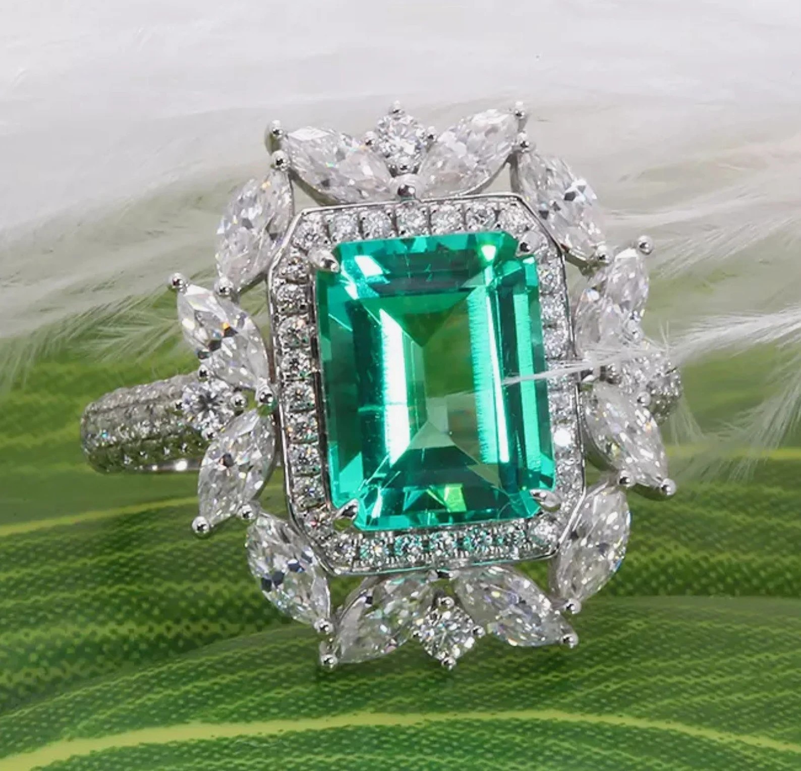 2 Ct Emerald Cut Simulated Emerald & Diamond Wedding Ring 14K White Gold Plated