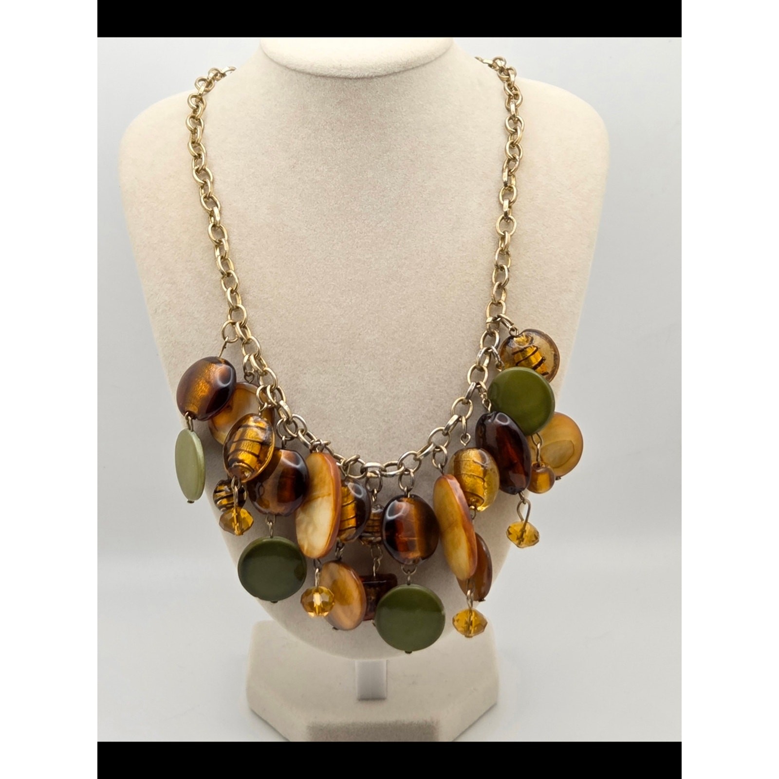 Boho Mixed Media Statement Necklace – Earth Tones & Gold Leaf Glass