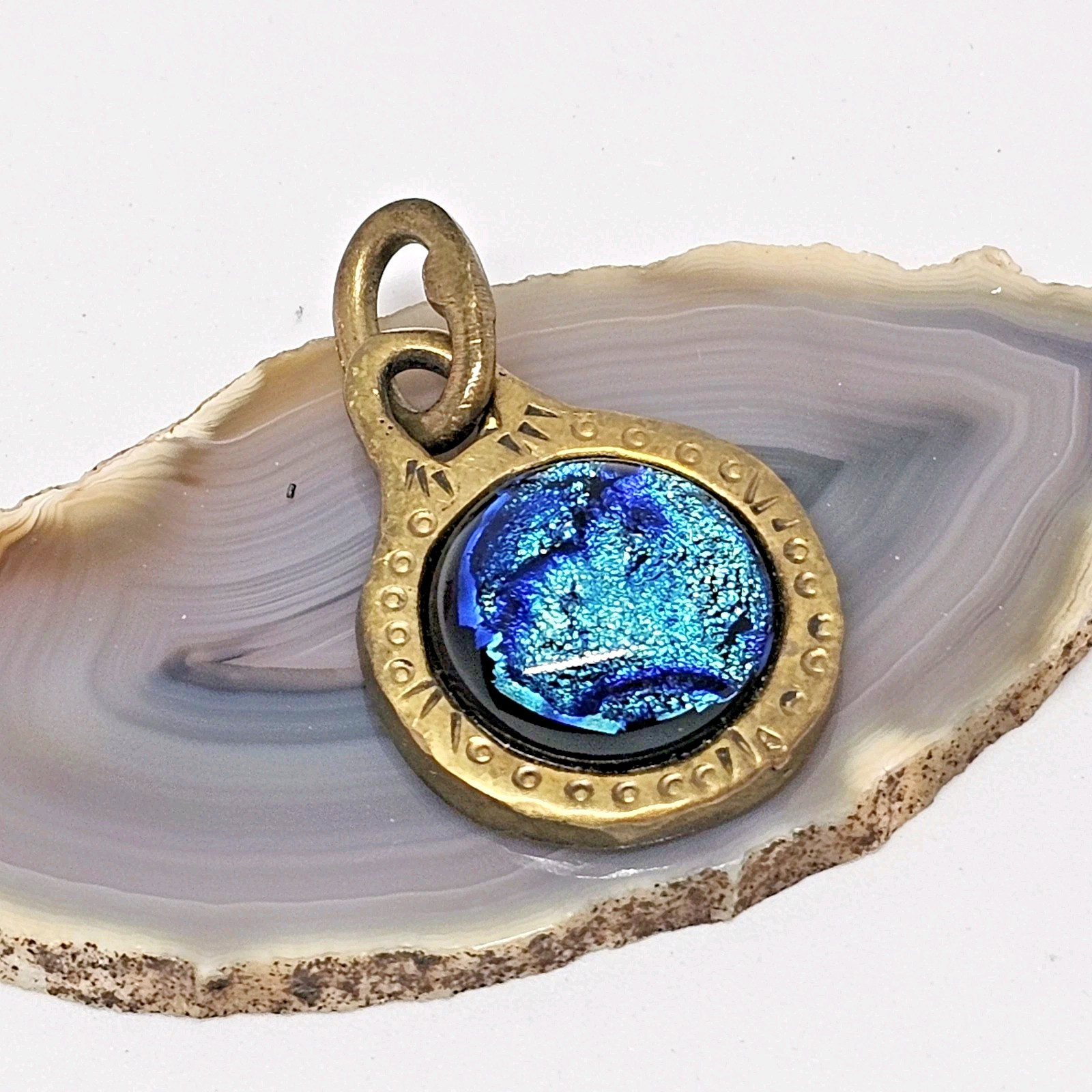 Dichroic Fused Glass Round Pendant Brass Blue Minimalist Statement Jewelry BJ