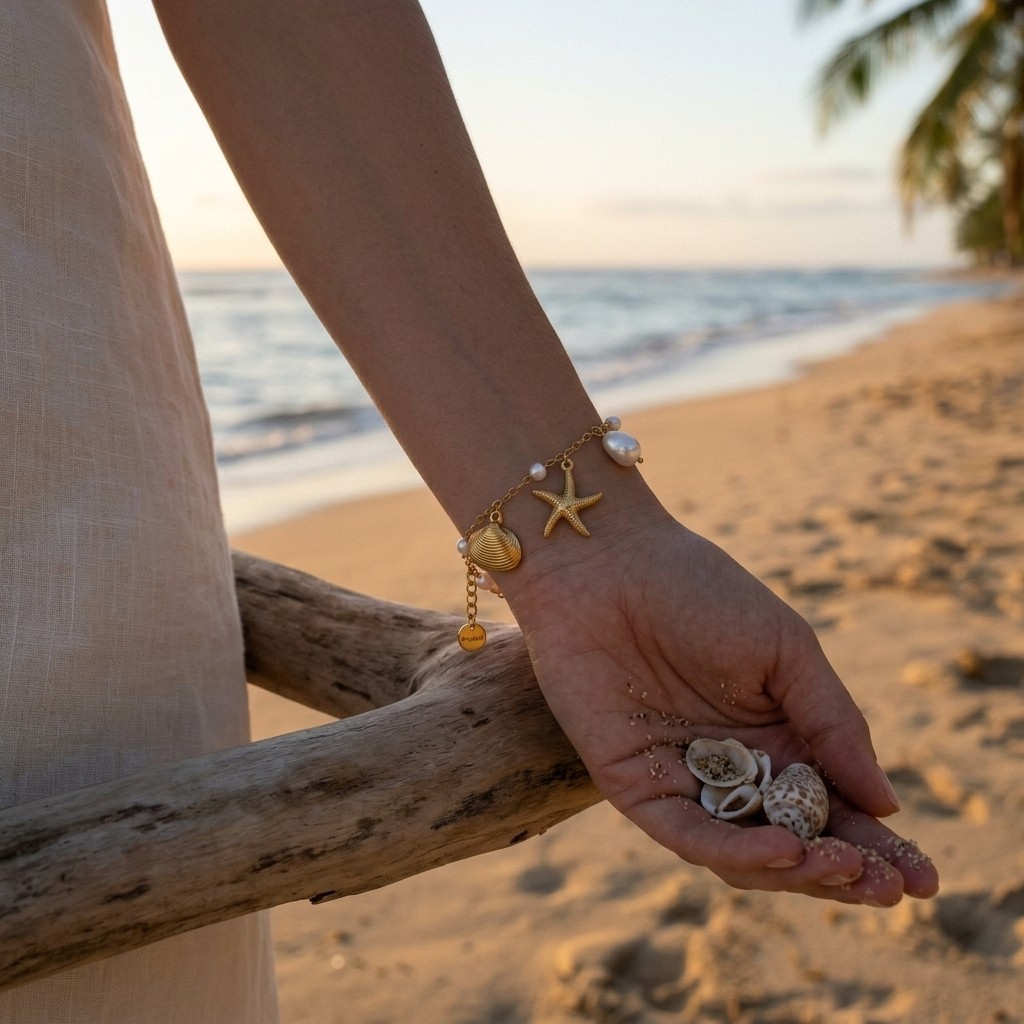 Gold Plated Starfish Shell Pearl Bracelet Adjustable Ocean Theme Chain Jewelry