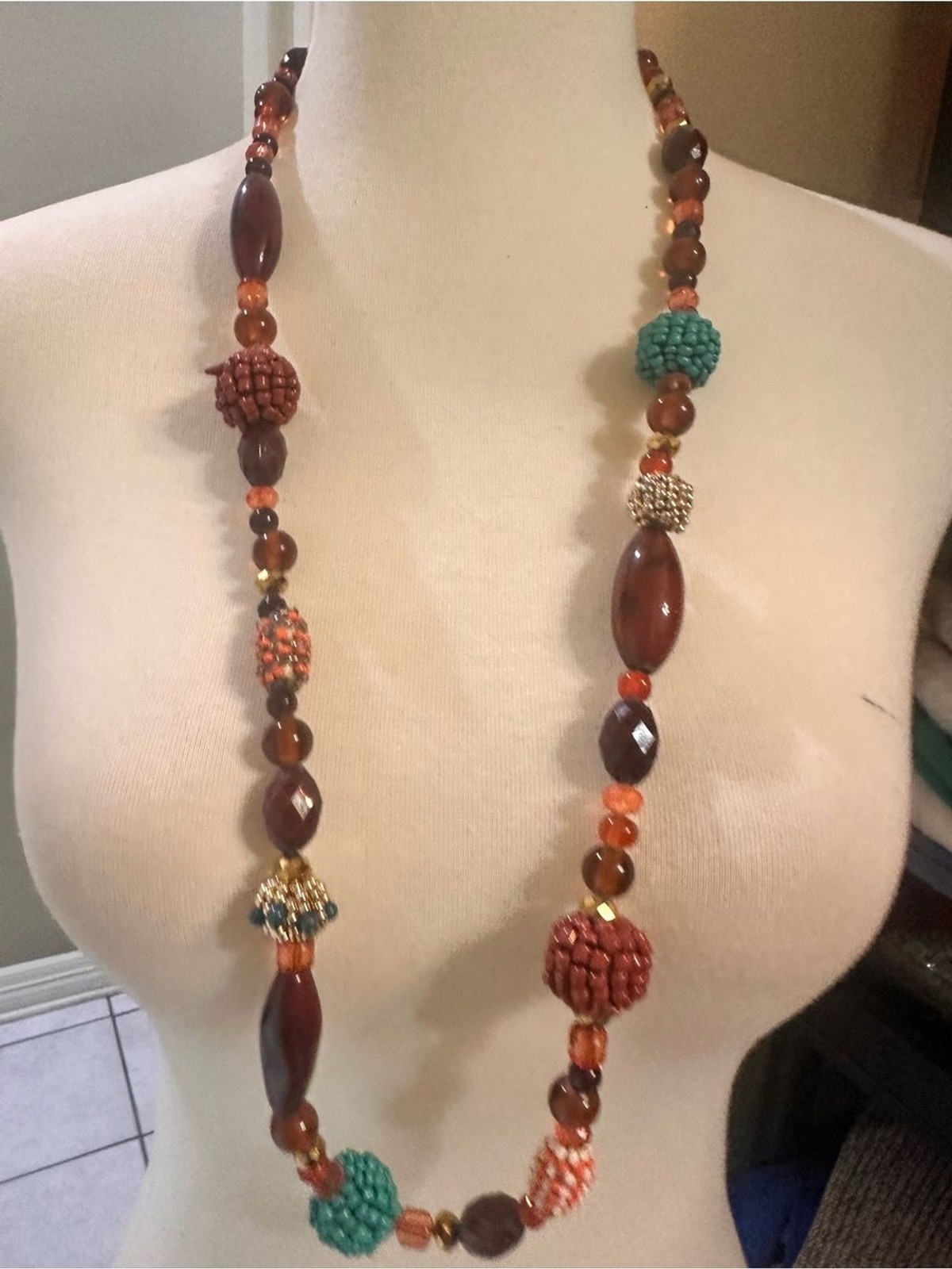 Source Unknown Brown and Teal Beaded Long Necklace