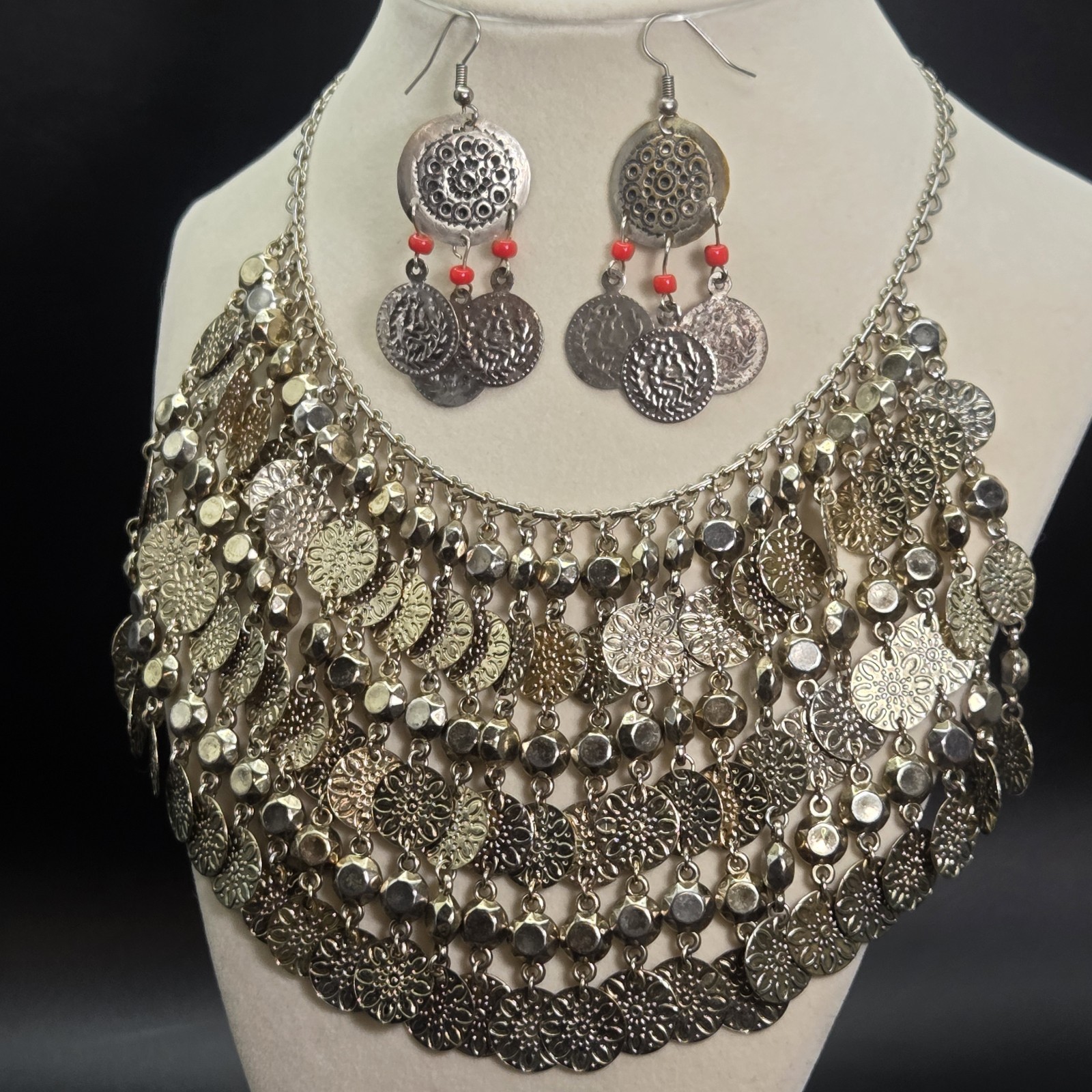 Dangling Coin Choker Bib Collar Silver Tone Metal Egyptian Necklace and Earrings