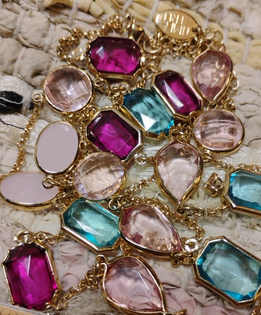 TIME and TRU 34″+ Long Bezel Set Acrylic, Glass, Stone Gems Gold Tone Necklace!