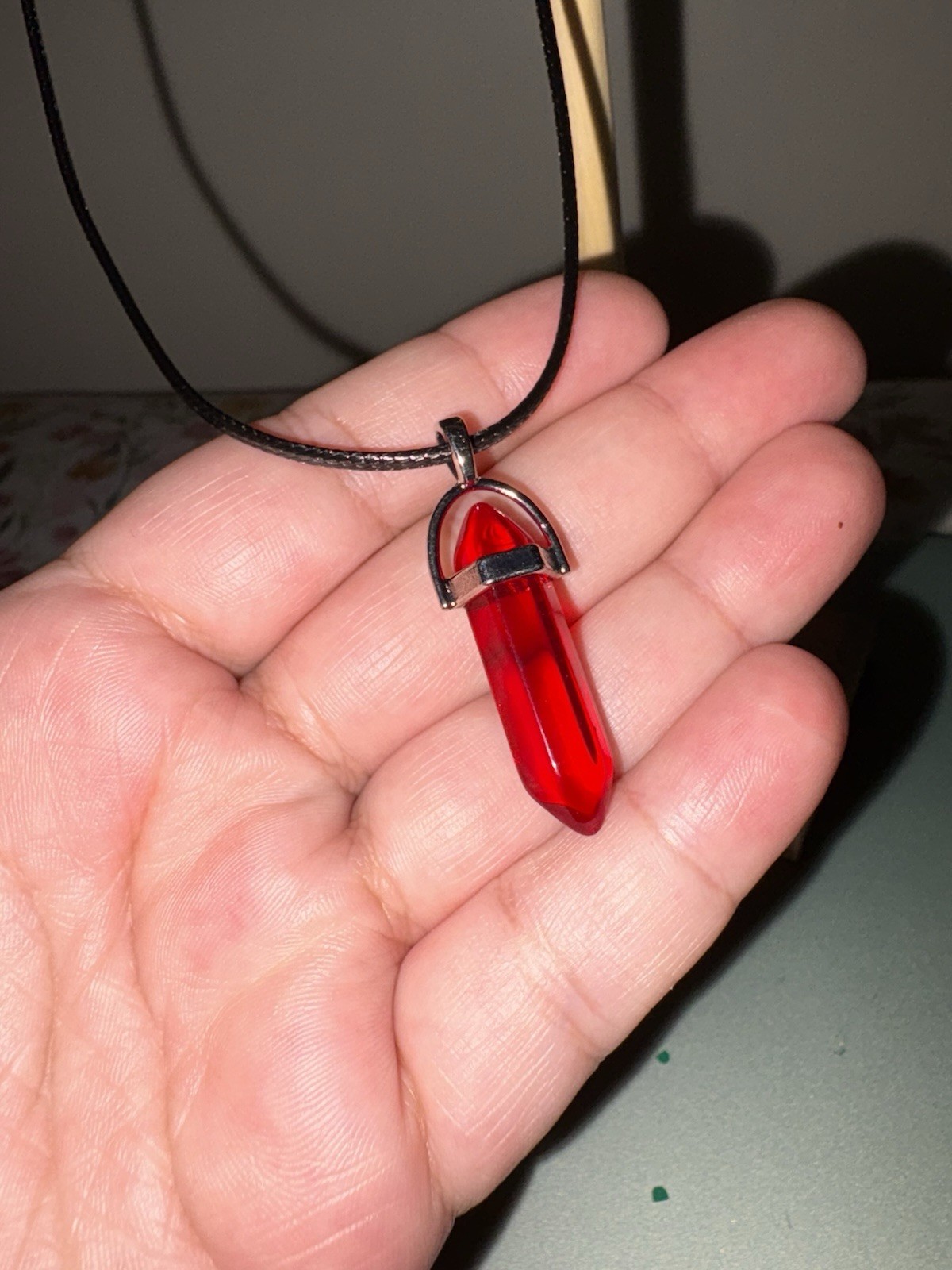 Red Quartz Crystal Pendant Necklace Black Cord Chain Silver Lobster Clasp