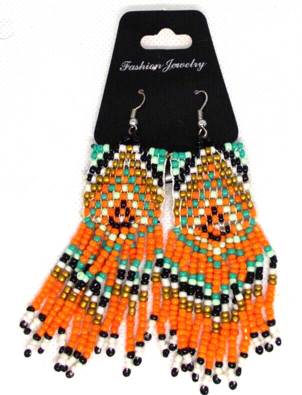 Boho earrings turquoise white black white gold orange Seed Bead Fringe Tassel