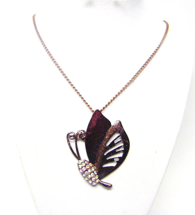 Rhodium Finished Copper Butterfly w/Rhinestones Pendant Necklace