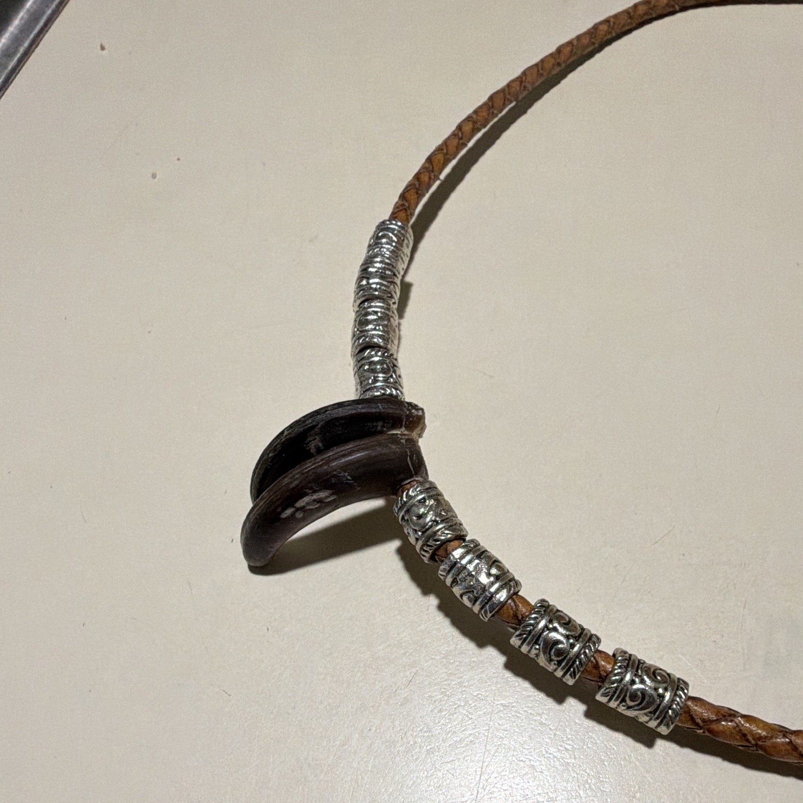 Braided Leather Cord Necklace Shell Charm Pendant Brown & Silver Beaded Lobster