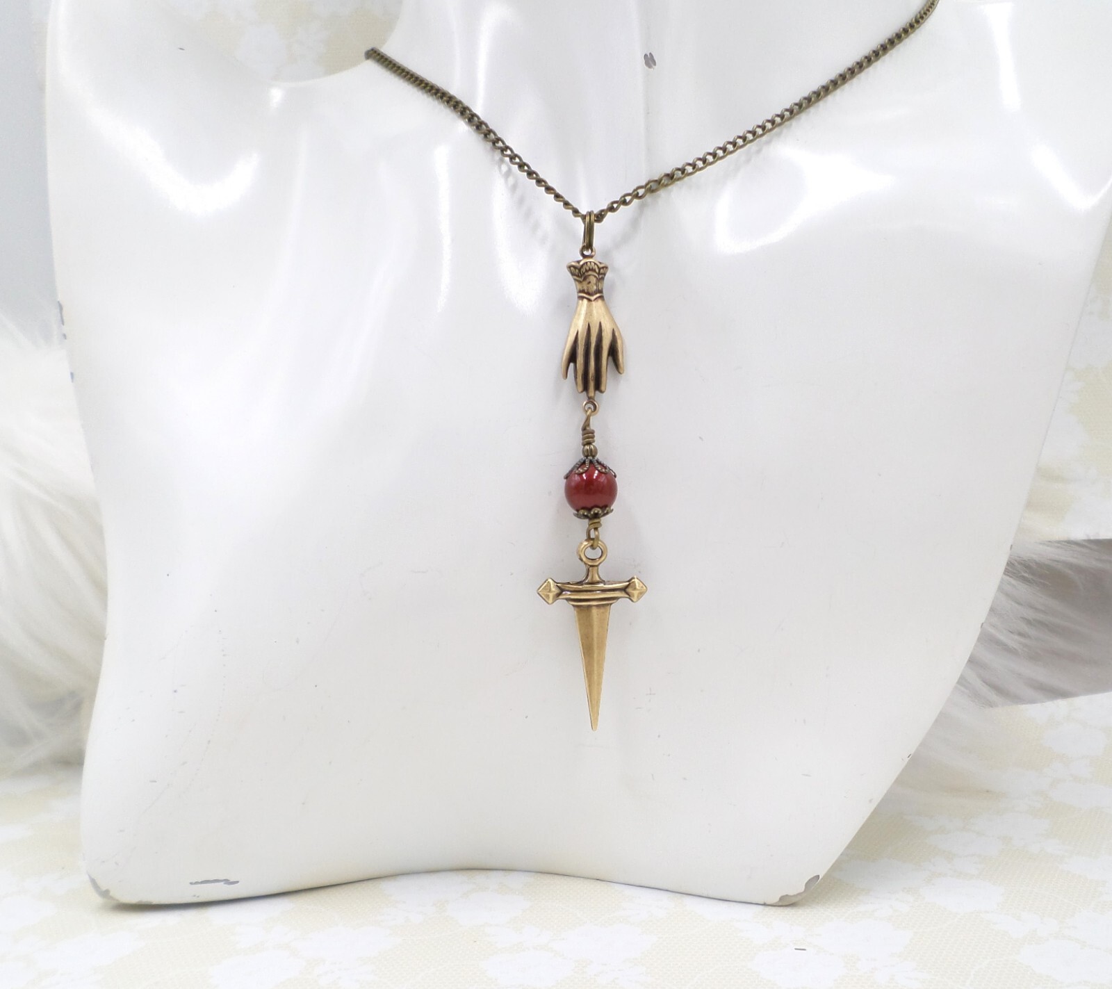 Victorian Dagger Necklace, Antique Brass Red Pearl Dark Academia Handmade