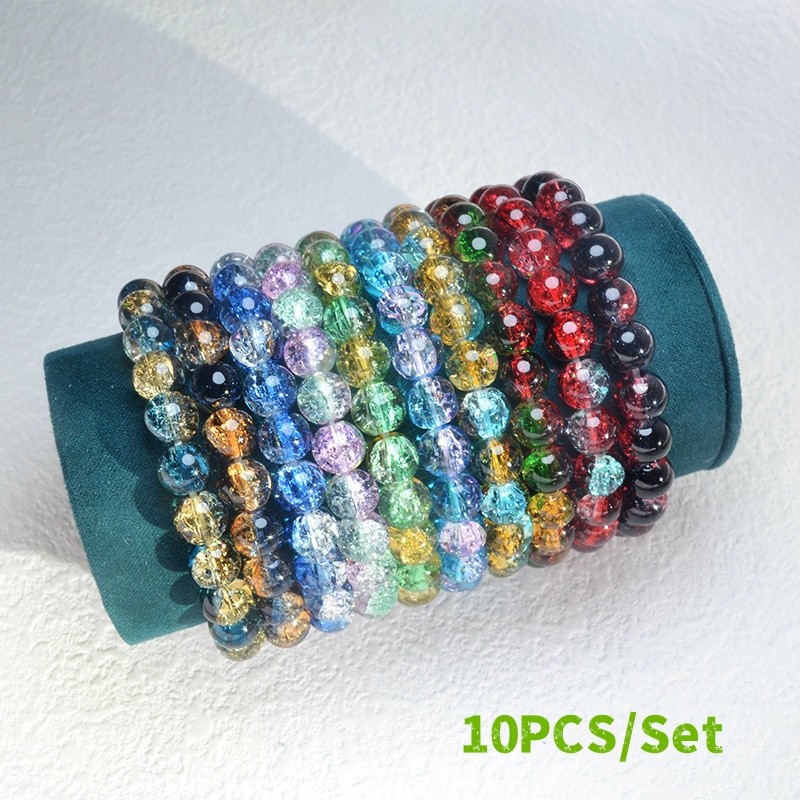 10Pcs 8mm Icy Crackle Sparkling Transparent Glass Bead Bracelet for Women