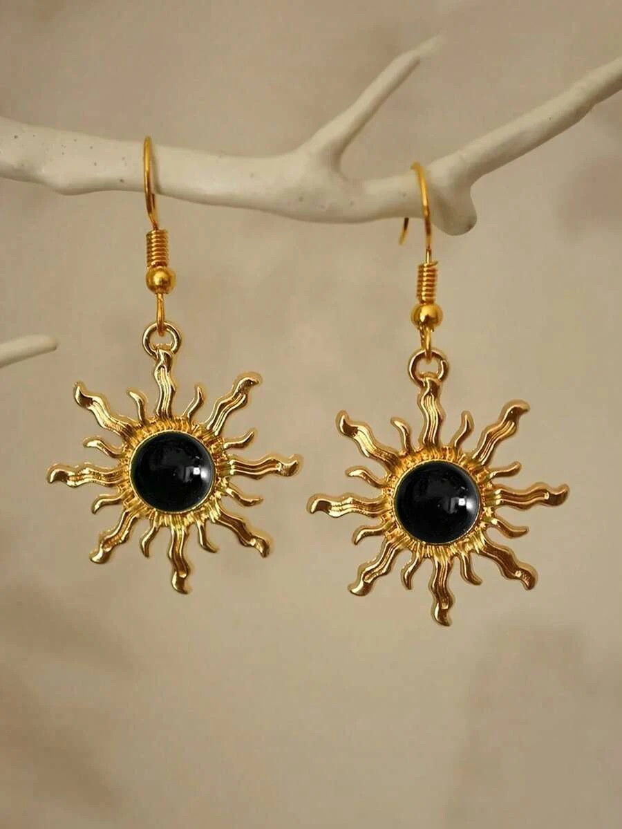 1 pair Boho Sunflower Jade Earrings Gold Plated Baroque Dangle Women