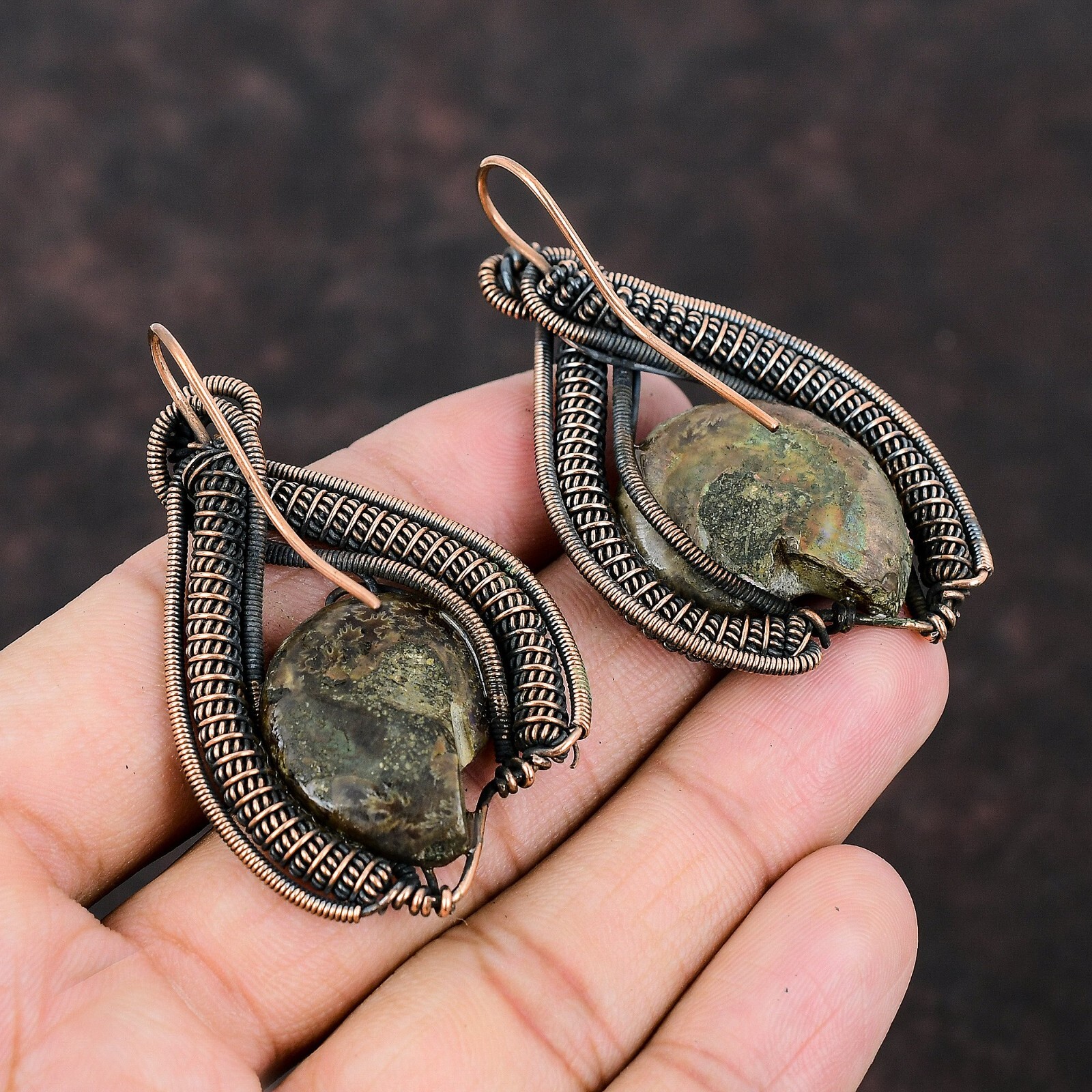 Ammonite Fossil Wire Wrapped Drop/Dangle Earrings Copper Jewelry For Girls 2.28″