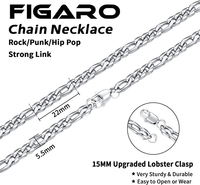 🔥🔥18K Gold Plated Figaro Chain, Silver Color Chain | 316L SS, 20in, 7.0mm🔥🔥