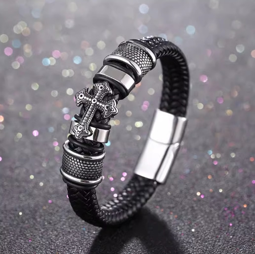 Men’s Cross Leather Bracelet Braided Christian Bangle Stainless Steel Jewelry