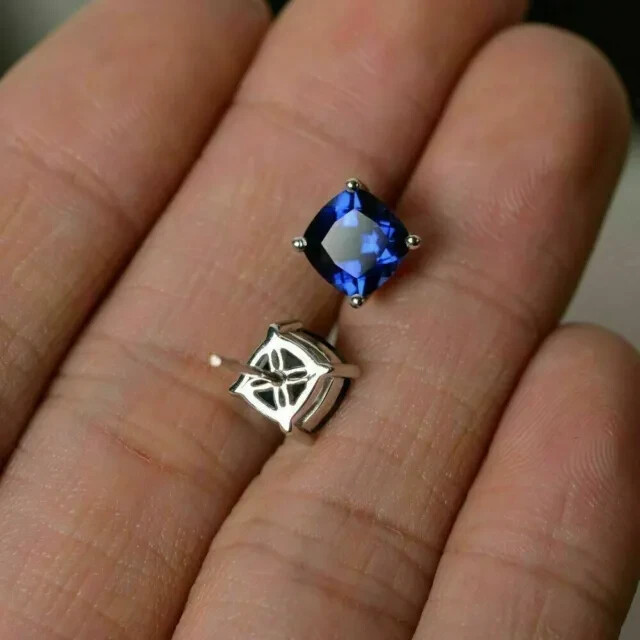 14k White Gold Plated 2 Ct Cushion Cut Simulated Sapphire Stud Earring For Her