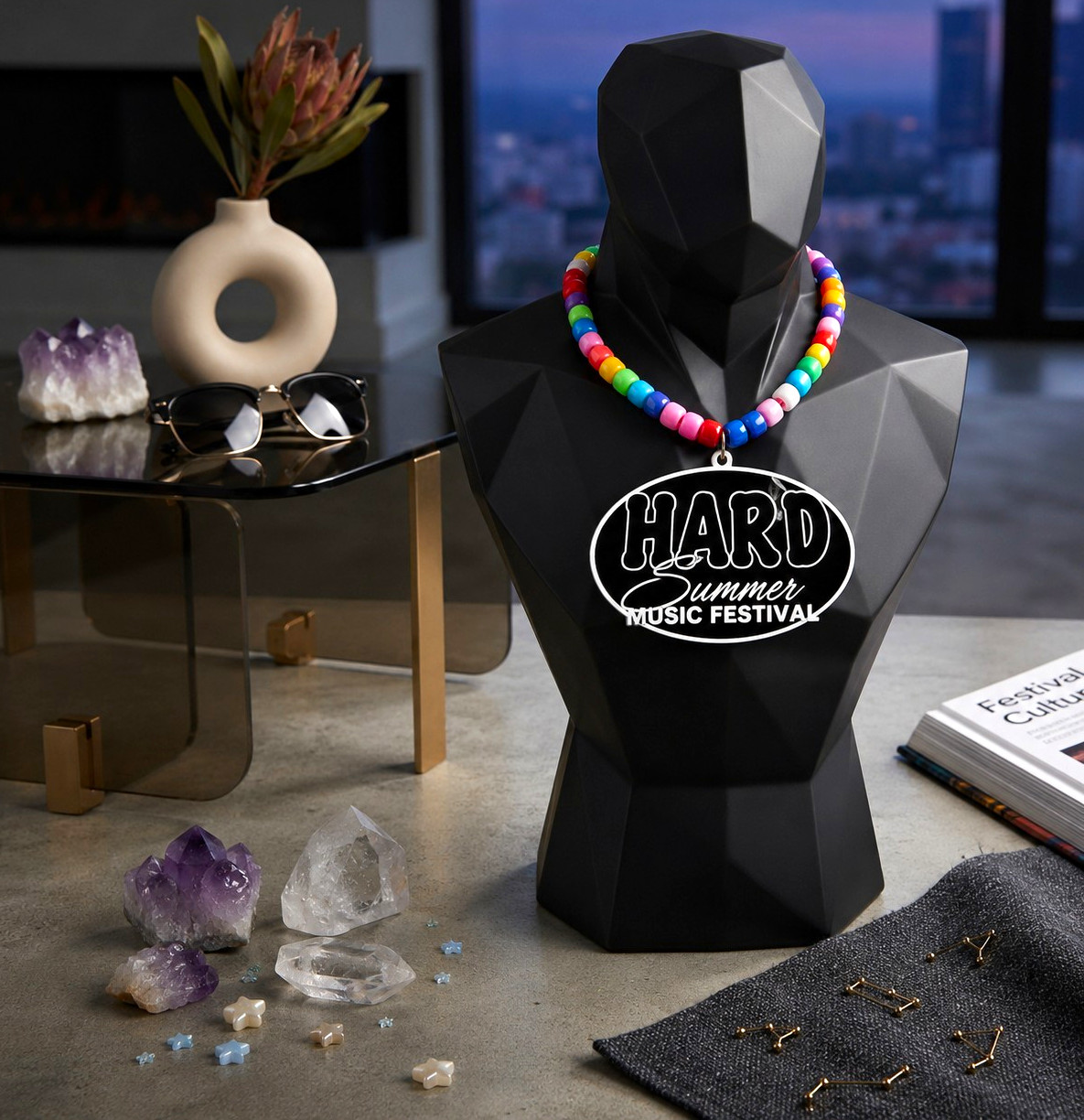 Multicolor Plastic Beaded Necklace HARD Summer Music Festival Oval Charm