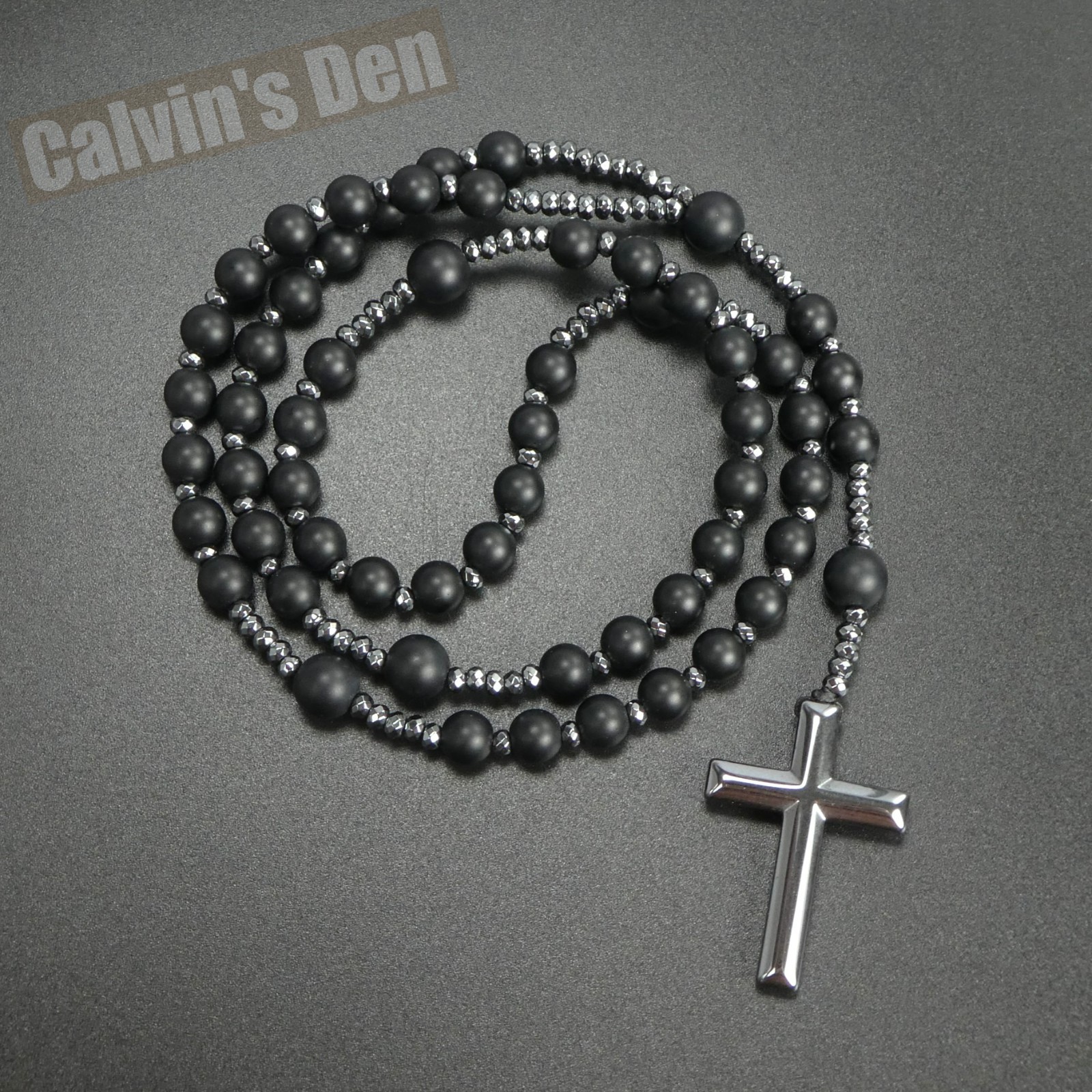 8mm Large Matte Black Onyx Rosary Necklace Hematite Cross Pendant Men Gift Faith