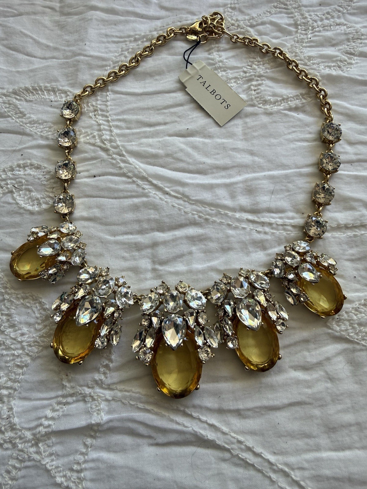 NWT Talbots Sparkle Statement Canary Yellow Clear Crystal Gold Tone Necklace $89