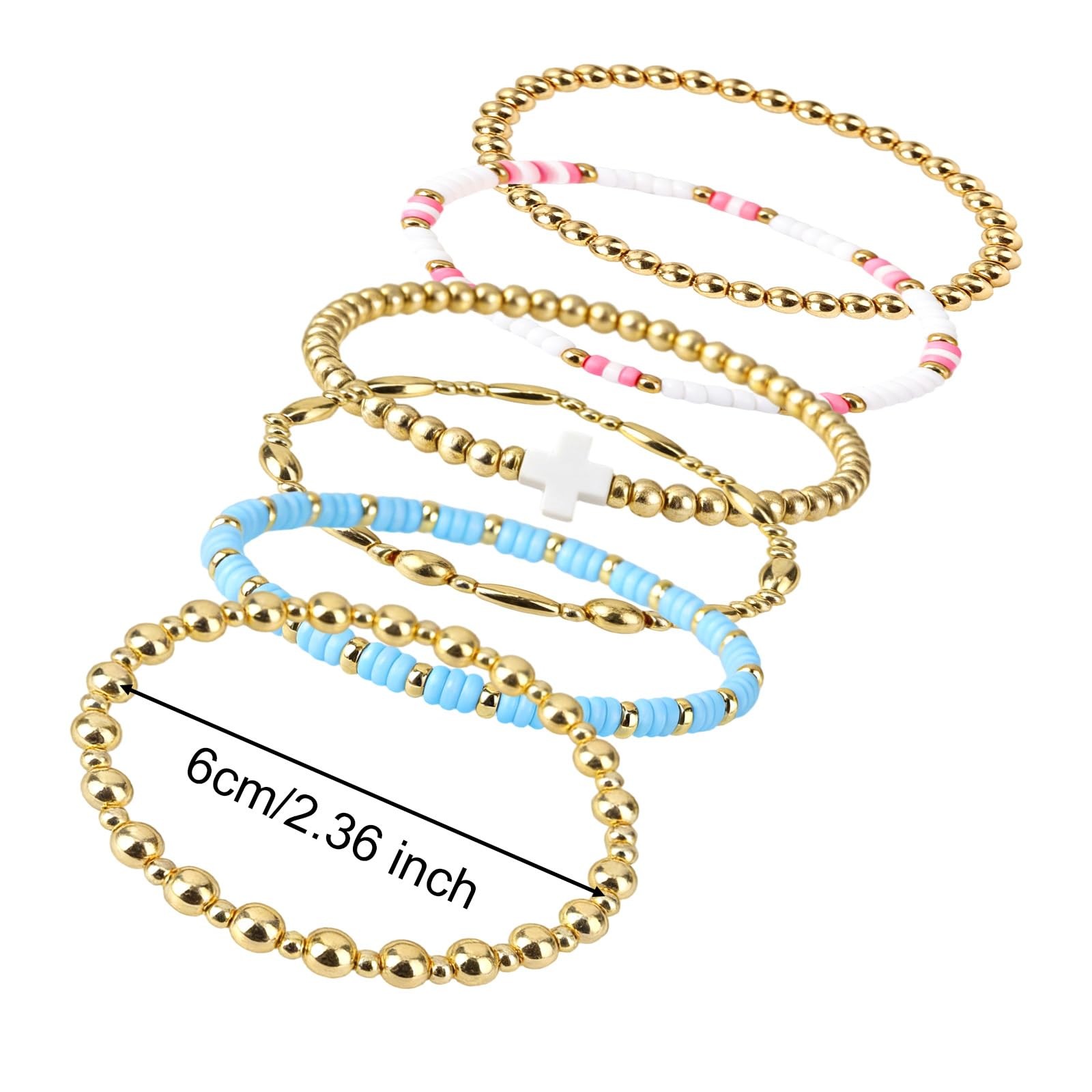 Mikovivi Beaded Cross Bracelets, 6pcs Stack, Gold, White, Blue, Pink, Resin
