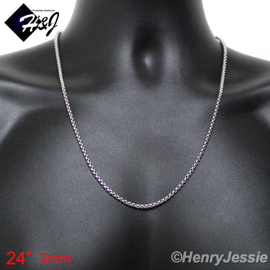 16″-36″Men’s Women’s Stainless Steel 3mm Silver Smooth Box Link Chain Necklace