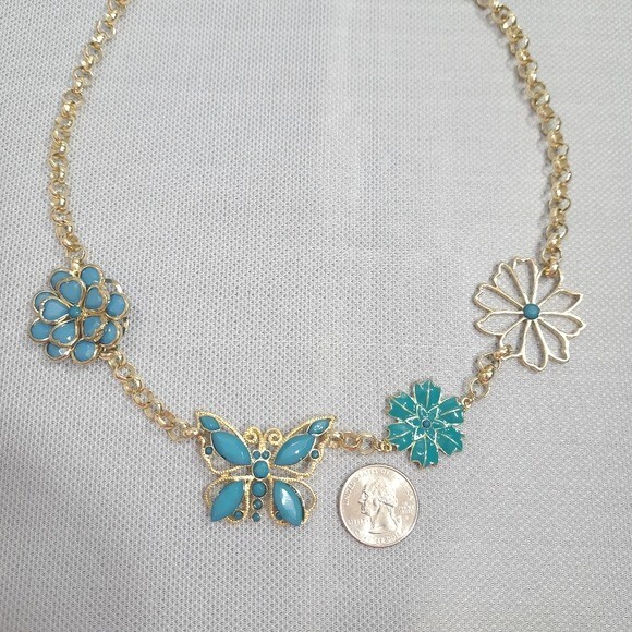 Women’s Necklace Gold Tone Turquoise Butterfly & Flower Designs 11.5 in + 3 in