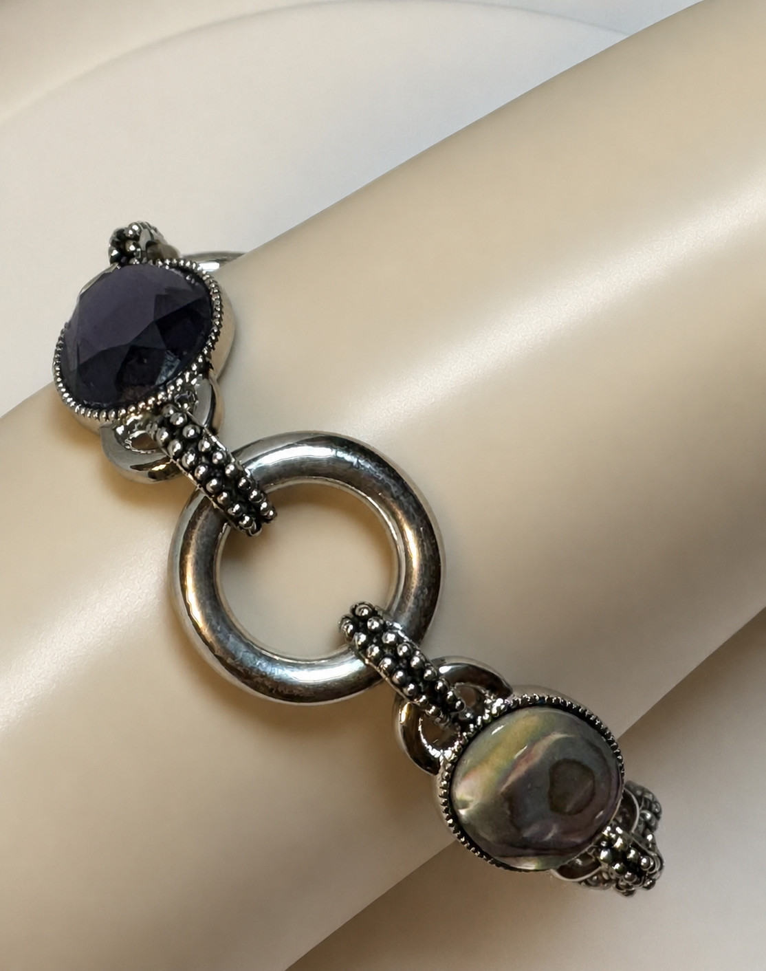 Lia Sophia Abalone Shell & Purple Crystal Silver Tone Toggle Bracelet Statement