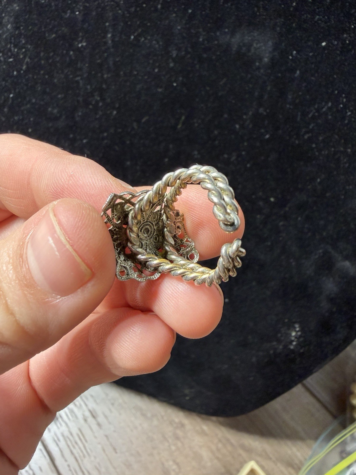 Vintage Adjustable Filigree Statement Ring Silver Tone AB Rhinestone Floral