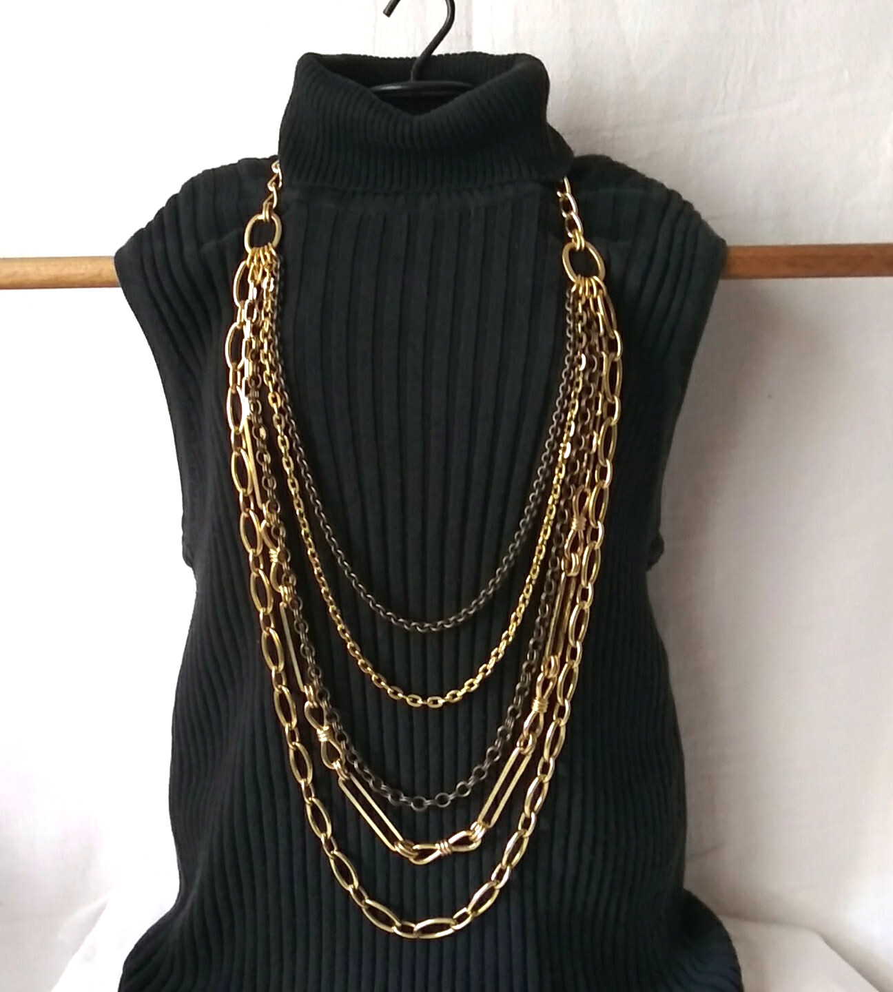 Heavy Gold Tone Multiple 5 Strand Layered Chain Statement Necklace Signed WORTH
