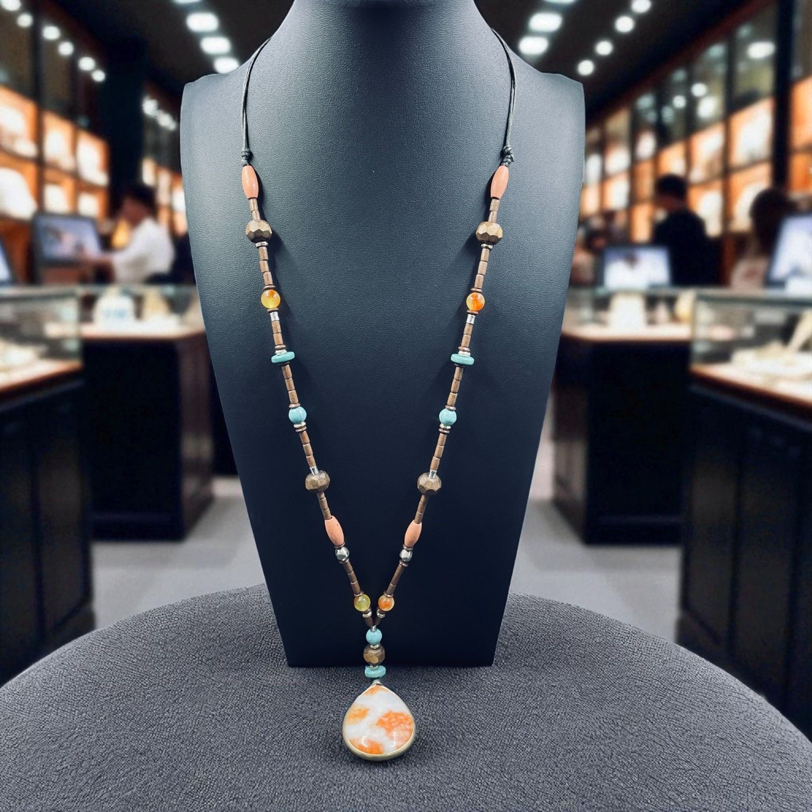 Boho Handmade Beaded Necklace With Orange White Jasper Teardrop Pendant 34 – 44″