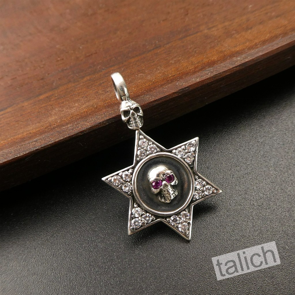 Shiny 925 Sterling Silver Six Pointed Star with Pink CZ Eye Skull Amulet Pendant
