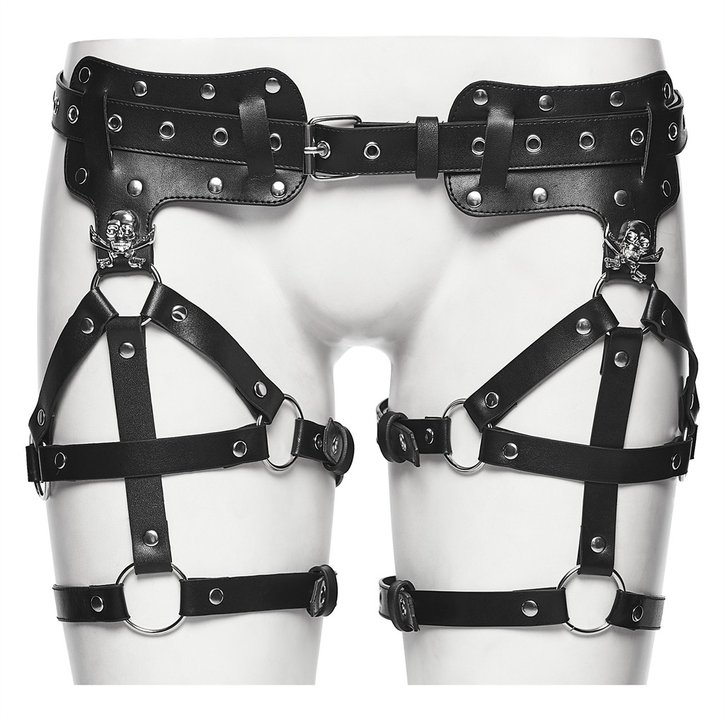 PUNK RAVE PUNK RAVE Gothic Punk Leg Harness Garter Belt Black Faux Leather