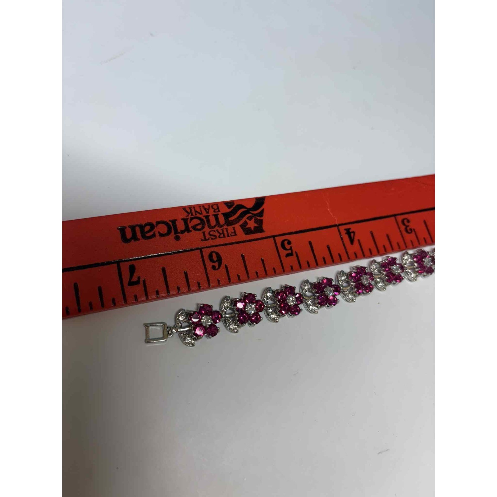 Silver Tone Pink Rhinestone Floral Link Bracelet Fold Over Clasp 6.5 Inch