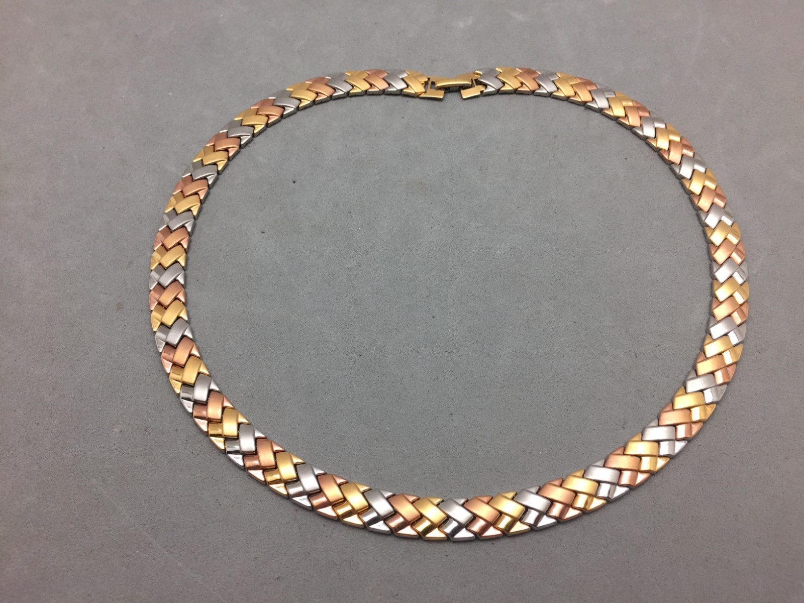 JCM Tri-color Gold Silver Rose Gold Collar Necklace Woven 18″ Stainless Steel .5