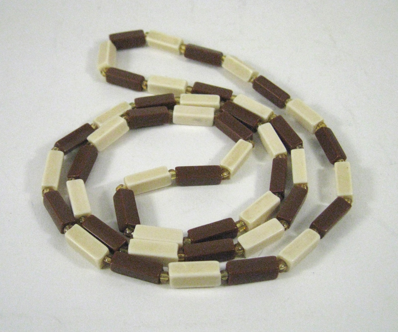 Necklace String Strand Brown Off White Size 31 Inches Rectangle Plastic Beaded