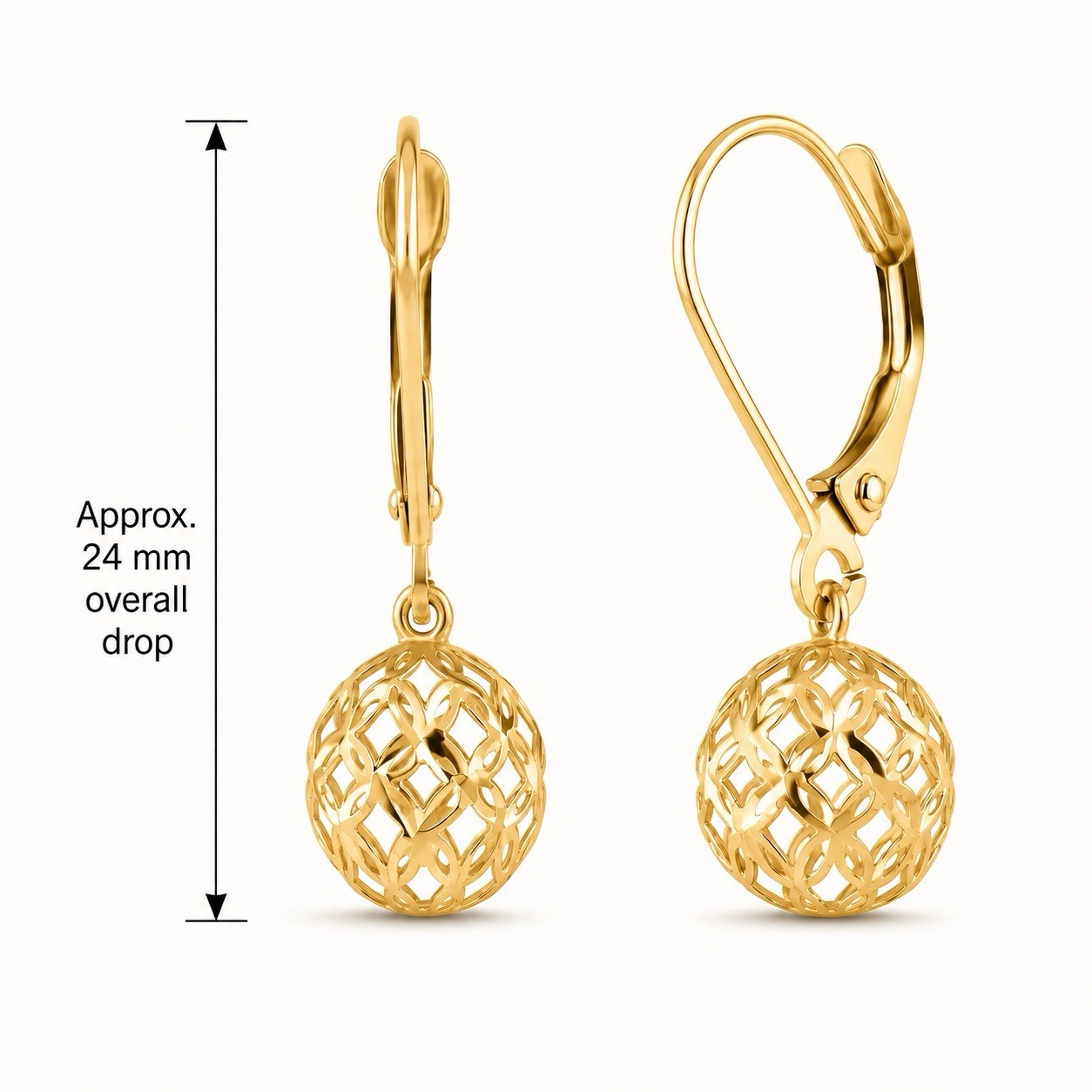 Luxury 14K Yellow Gold Filigree Ball Drop Earrings Leverback 24mm Dangle New