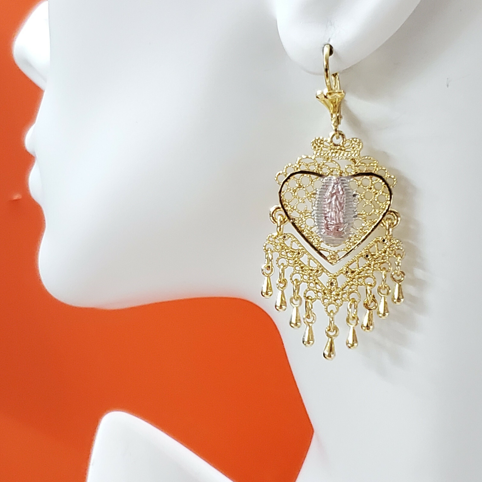 3 Color Gold Plated Our Lady Virgen Guadalupe Chandellier Heart Earrings