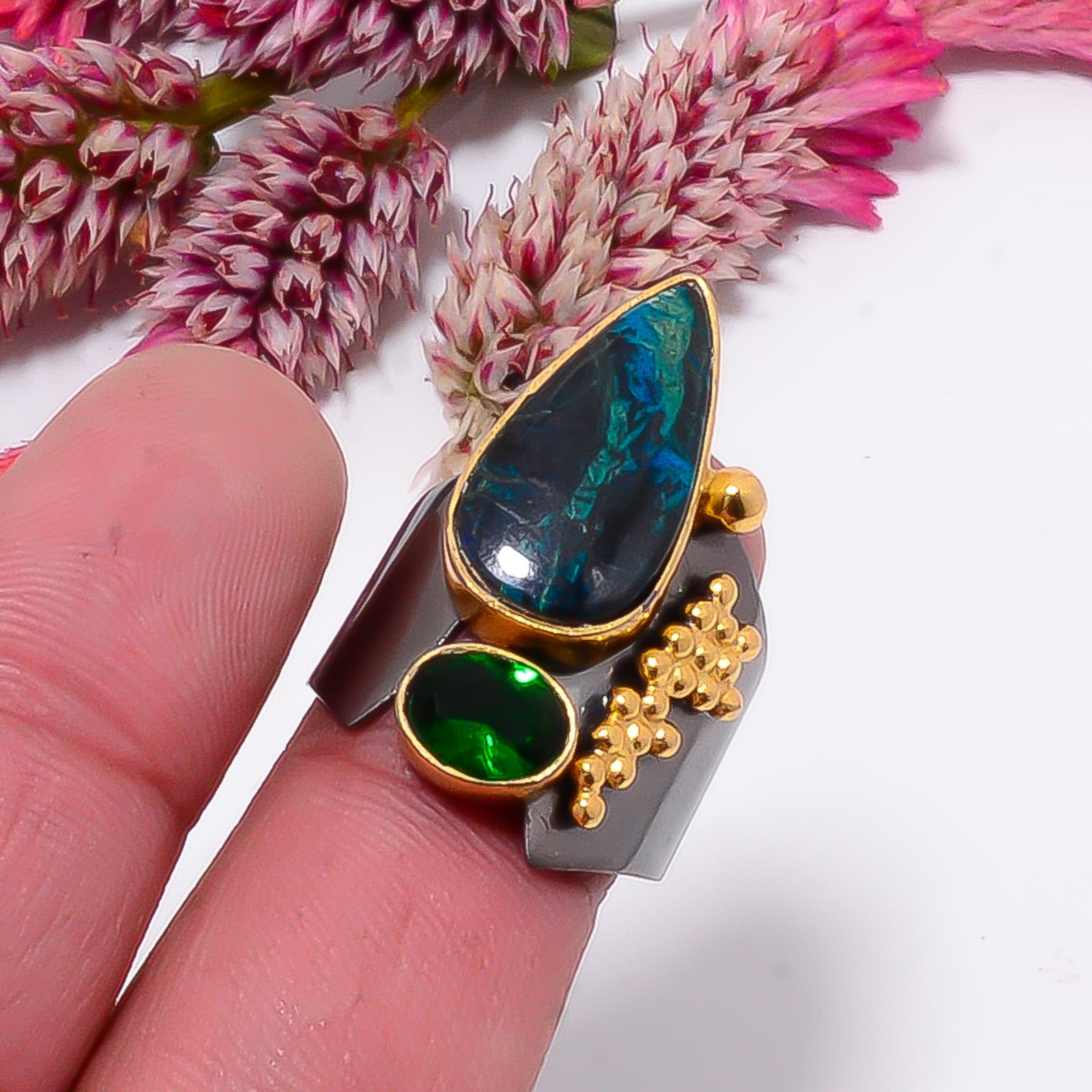 Chrysocolla, Chrome Diopside Gold Plated 925 Sterling Silver Ring s.9 Sku52