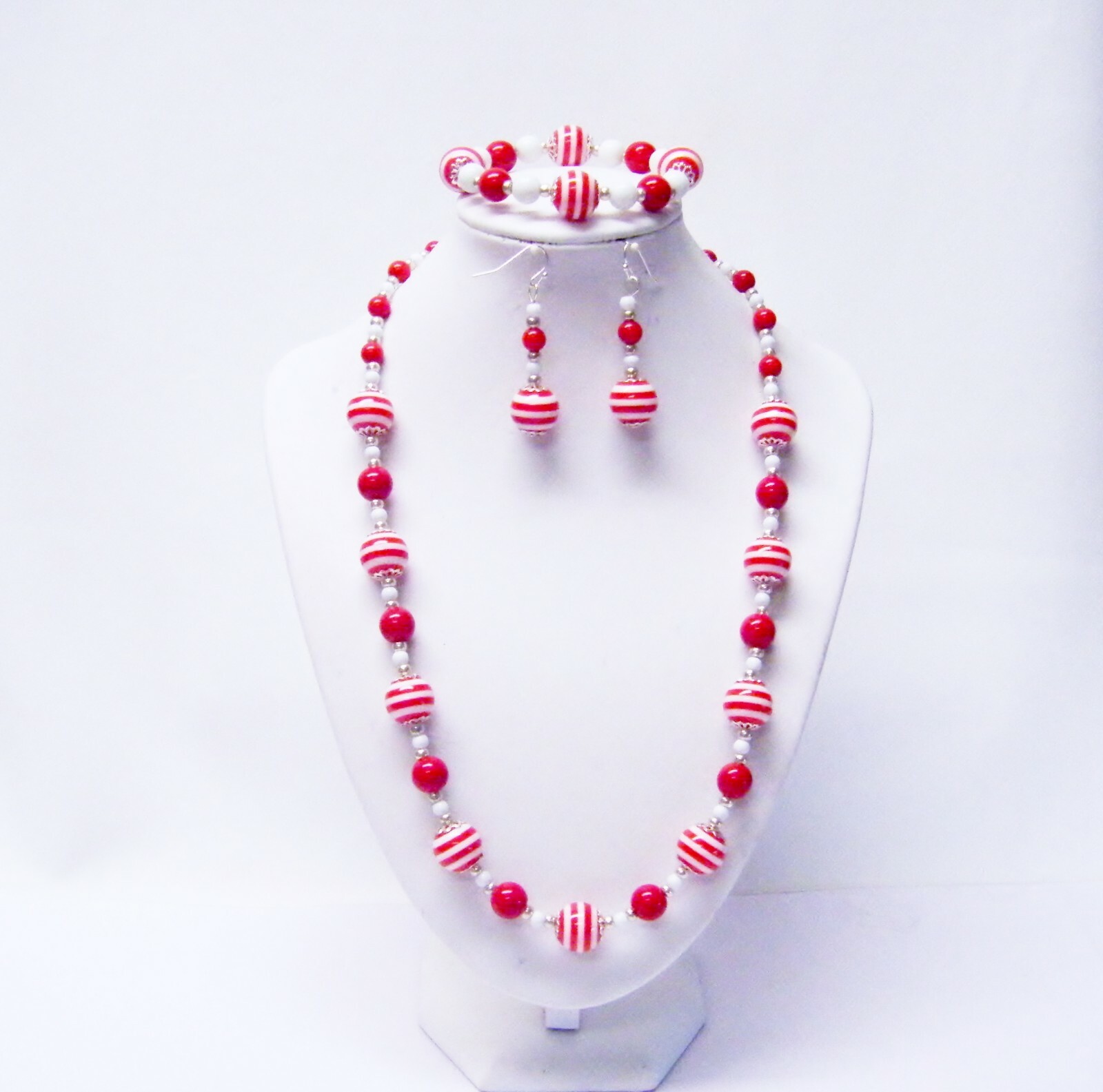 Red/White Stripe Acrylic w/White Glass Bead Necklace/Bracelet/Earrings