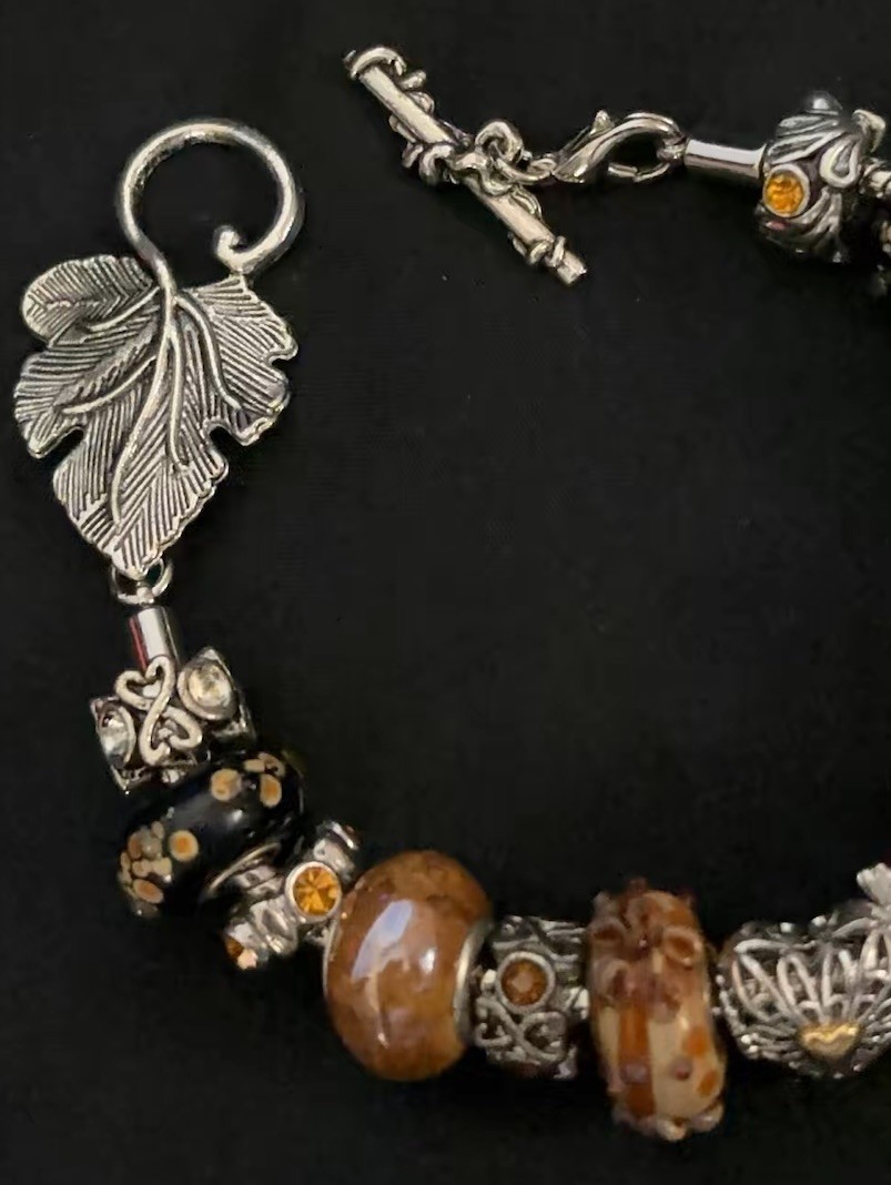 European Slider Charm Bracelet Murano Glass Brown Silver Gold Huge Flowers Heart