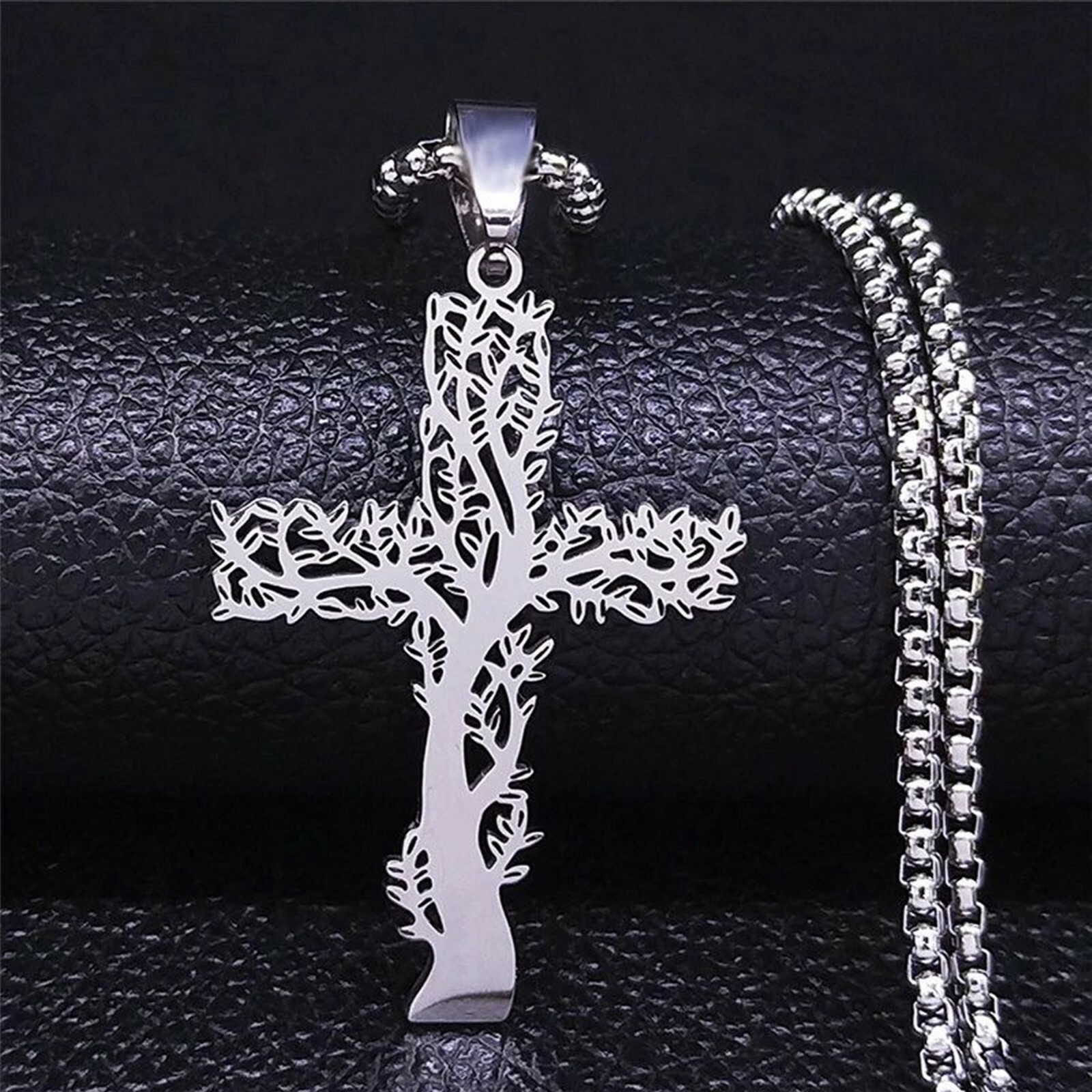 Nature Cross Necklace Silver Stainless Steel Religious Tree Crucifix Pendant
