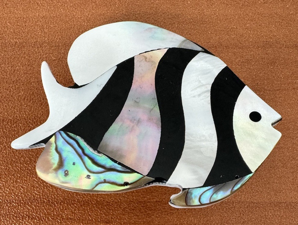 Vtg Brooch Pin FISH Mother of Pearl Abalone Inlay Handmade Read Description