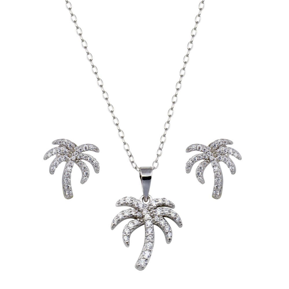 Palm tree necklace & earrings set aaaa cubic zirconia stones 925 sterling silver