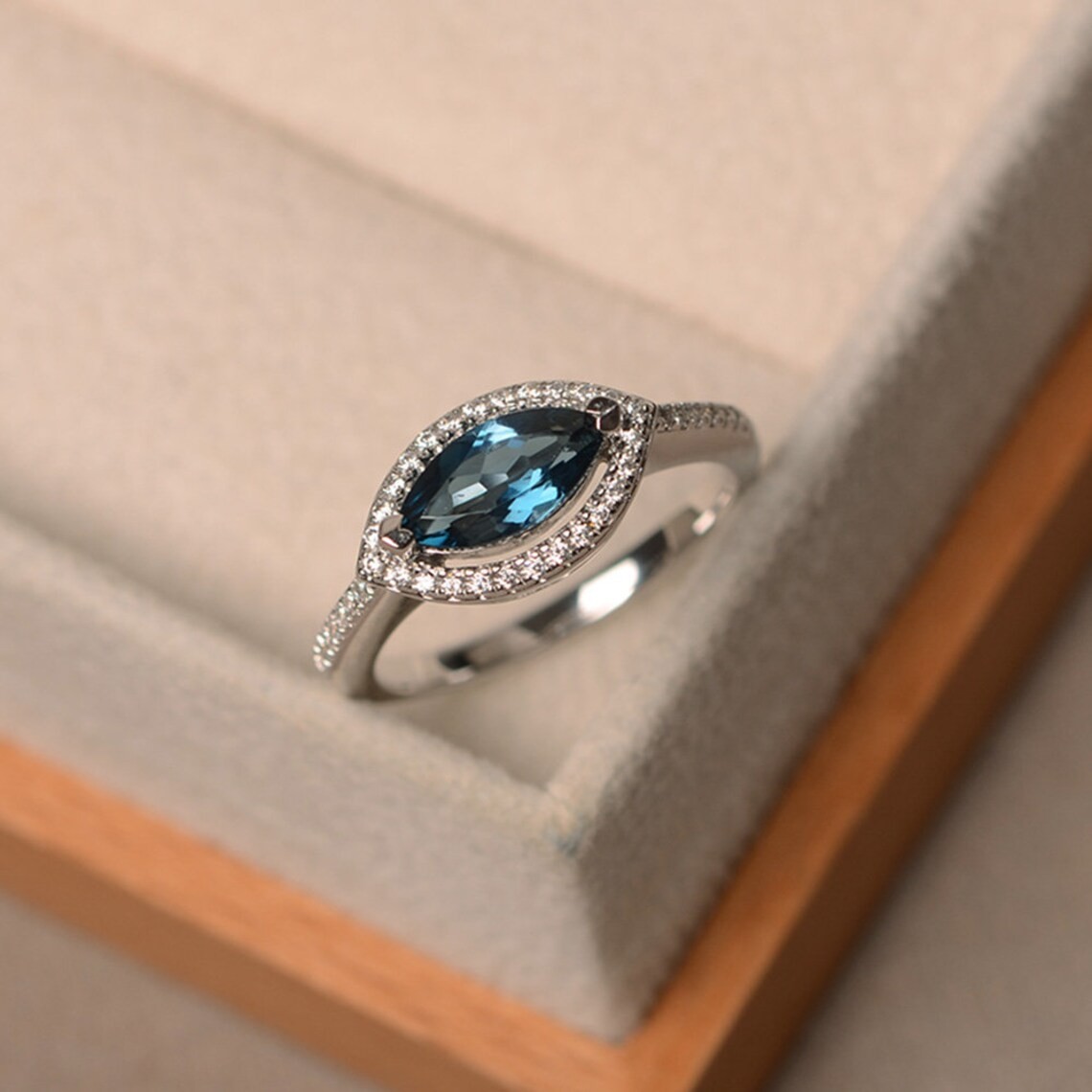 2CT Blue Topaz Dainty Art Deco 925 Silver Plated Halo Ring Birthday Gift