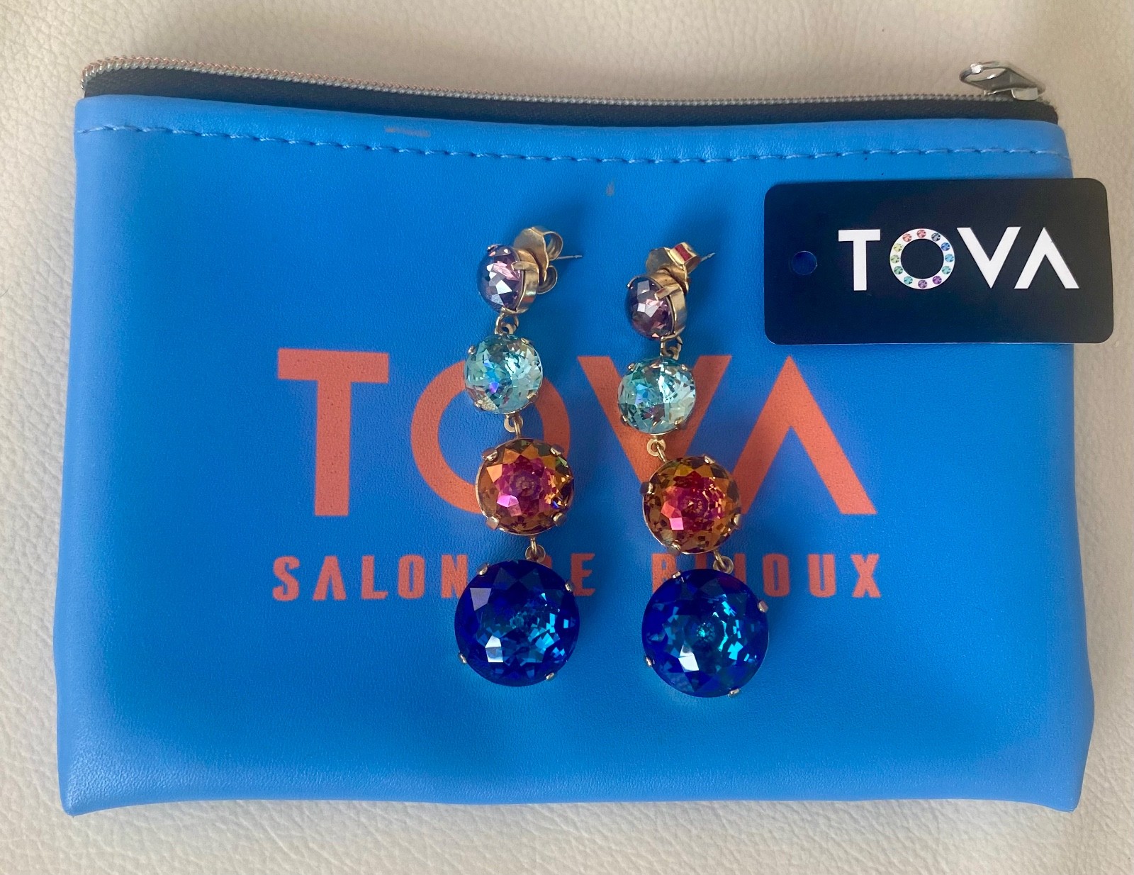 TOVA Multicolor Crystal Drop Earrings Gold Tone Blue Purple w/ TOVA Pouch