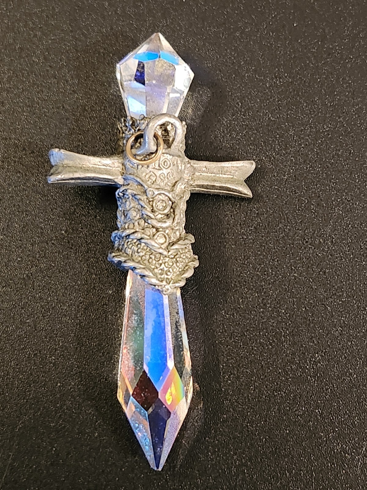 Vintage 1988 Gallo Pewter Wizard Dagger Crystal Prism Pendant Necklace