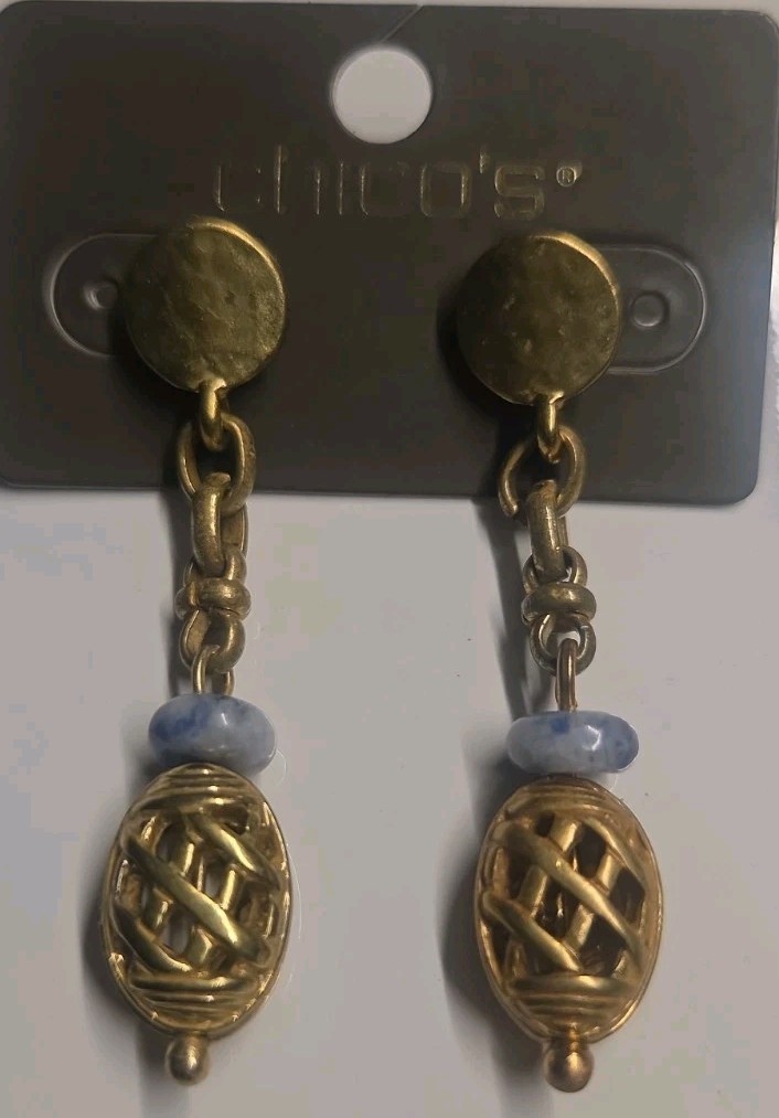 Chico’s Dangle Stud Earrings Gold Tone With Blue Stone