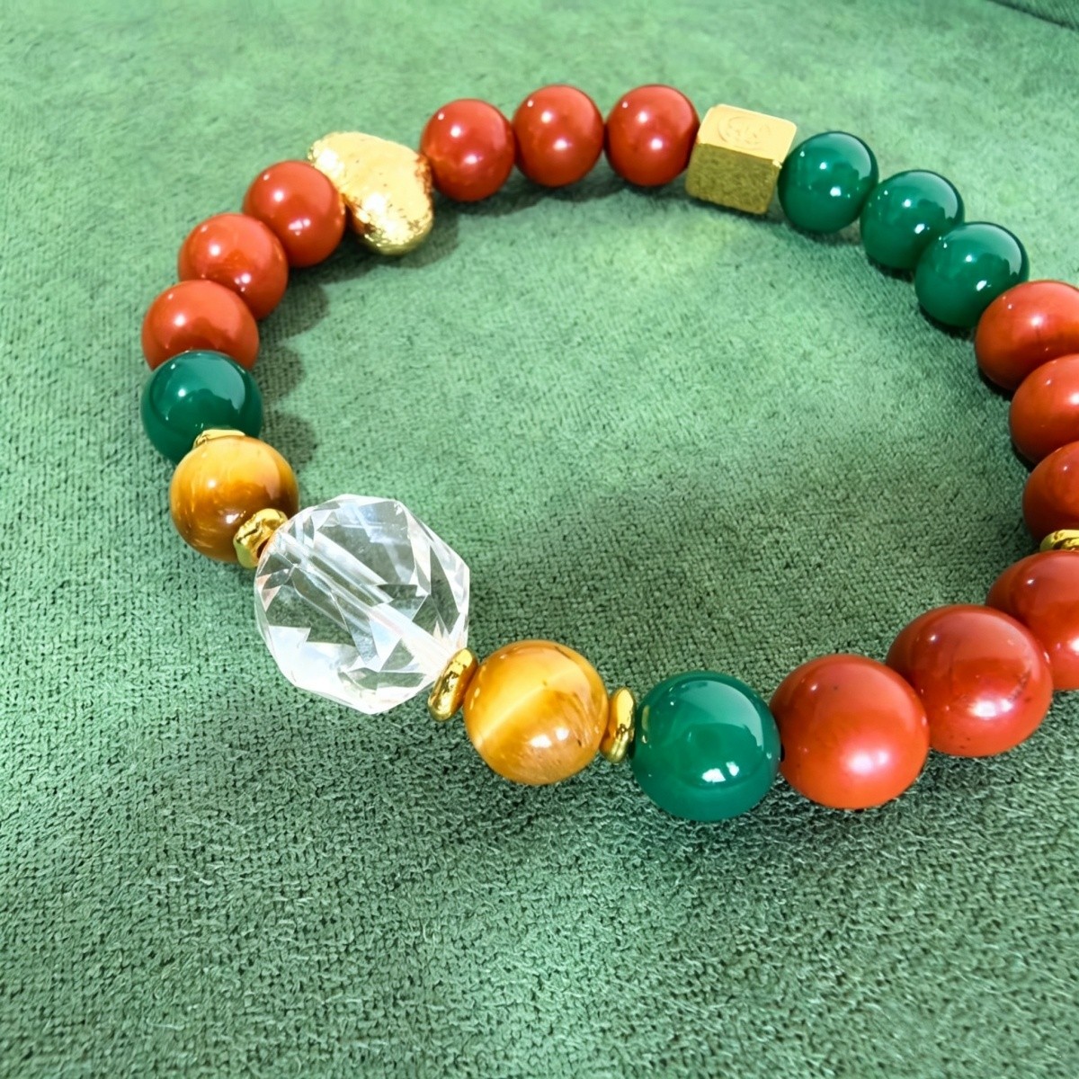 Custom Engraved Bracelet Red Jasper Green Agate Clear Quartz Beaded Jewelry Gift